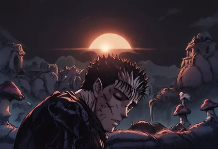 score_9, score_8_up, score_7_up, source_anime, anime screencap, pureerosface_v1 ,(zPDXL), uncensored, masterpiece, rating_explicit, b3rs3rkstyle, retro artstyle ,expressive eyes, perfect face, soft lighting, mood lighting, bloom, toned, low light ,lens flare, post processing, 8k, upscale, 1boy ,Guts_Armor, brown eyes, short hair, multicolored hair, spiked hair, tank top, bandaged arm, black pants, torn pants, scar on nose, one eye closed, muscular male, (roof setting), sitting on roof ledge, (sun set.), exhausted expression, depressed, blood dripping from side of head, injured, nuclear explosion in the background, mushroom cloud in background, destruction in background