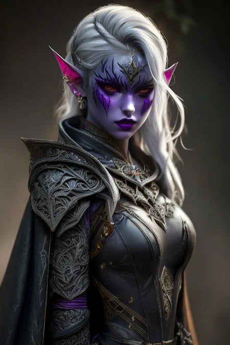 RAW photo, (masterpiece:1.3), subsurface scattering, heavy shadow, (high quality:1.4), (intricate, high detail:1.2), professional photography, HDR, High Dynamic Range, realistic, ultra realistic, photorealistic, high resolution, film photography, ambient lighting, atmospheric effects, <lora:detail_slider_v4:2>, OverallDetail, a female drow warlock, dark makeup, intricate leather armor with leaf patterns, jewelry, cape, tiara, large breasts, flawless skin, purple lip gloss, <lora:Drow:0.8>, epiCPhoto