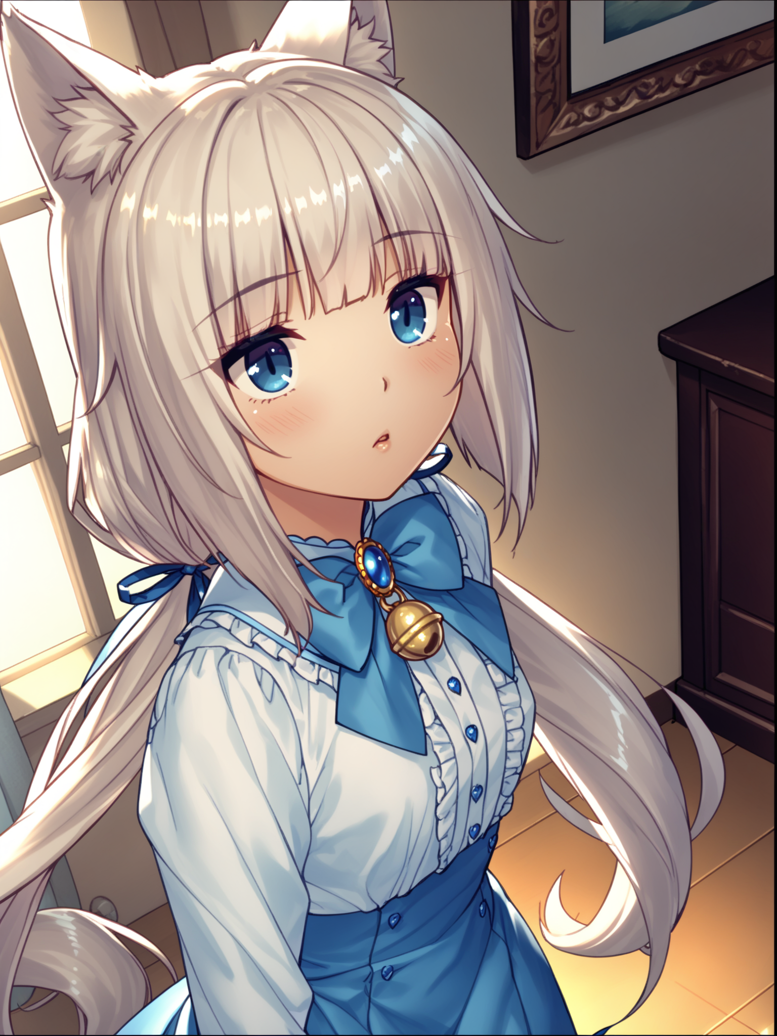 <lora:happy_tentacle-vanilla-v0.1-000010:0.9>, ht_vanilla, dress shirt, frills, bowtie, hair ribbon, brooch, blue ribbon, blue bow, neck bell, living room , 1girl, solo, portrait , wide-eyed , parted lips , , looking away , , from above , score_9, score_8_up, score_7_up, score_6_up, score_5_up, score_4_up