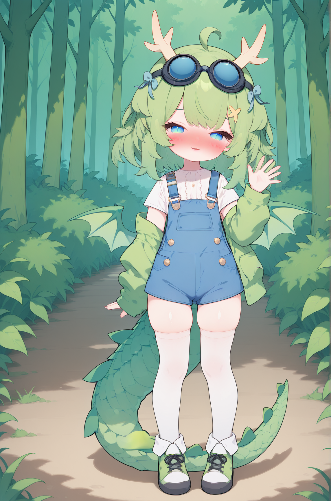 masterpiece,best quality,amazing quality, DragonGirlMPVTILXL, 1girl, blue eyes, slit pupils, green hair, short hair, bangs, ahoge, horns, hair ornament, blue bow, black goggles, goggles on head, green wings, dragon tail, flat chest, green jacket, white shirt, short sleeves, blue overall short, white thighhighs, green shoes, solo, full body, standing, waving, seductive smile, looking at viewer, naughty face, nose blush, forest, tree    <lora:DragonGirlMPVTILXL:1>