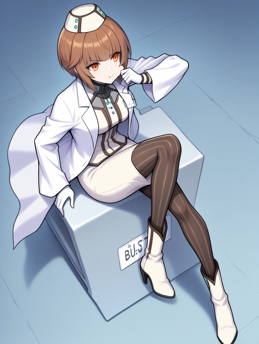 perfect quality,best quality,absolutely eye-catching,ambient occlusion,raytracing BREAK
1girl,<lora:rahuline IL v1.1:0.8>,rahuline,brown hair,orange eyes,short hair,hat,lab coat,long sleeves,white gloves,license plate,pencil skirt,vertical-striped black pantyhose,high heel boots,medium skirt,, from above,bust,leaning_on_object,cheek_pinching,stretch,knee_up,