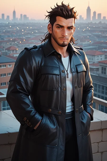 score_9, score_8_up, score_7_up,
<lora:FFGladiolus:0.8>
FFGladiolus, 1boy, brown hair, brown eyes, beard, scar, looking at viewer, On a high-rise rooftop, sharp black trench coat, city lights below, hands in pockets