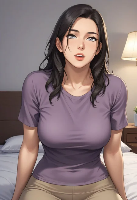 score_9, a1m333, woman, purple shirt, grey eyes , bedroom