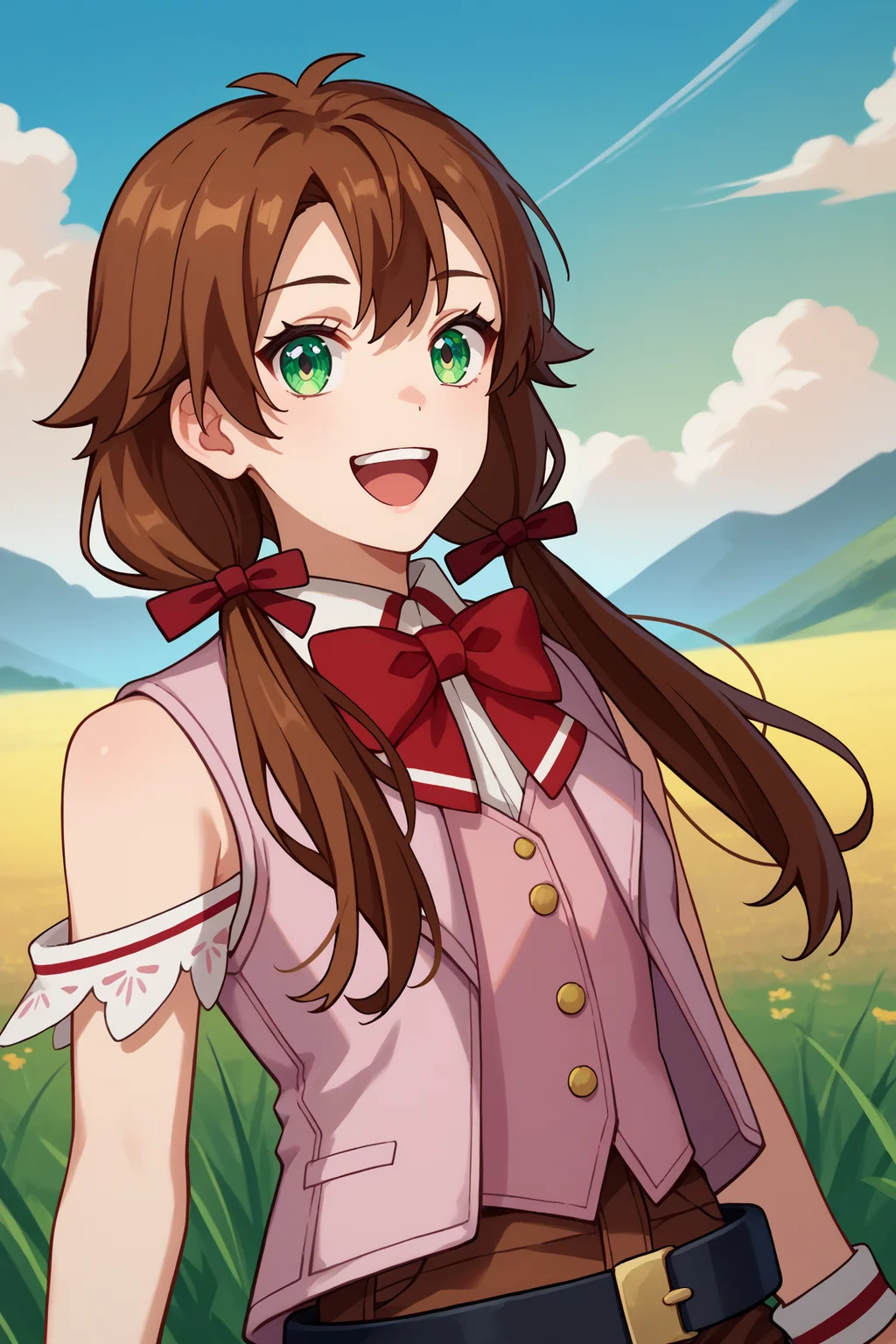 score_9, score_8_up, score_7_up, score_6_up, source_anime, 1girl, solo, <lora:roroaamidonia-pdxl-nvwls-v1-000005:1> roroa, brown hair, long hair, low twintails, green eyes, hair ribbon, collared shirt, red bowtie, pink coat, sleeveless, black belt, brown shorts, wristband, upper body, happy, blue sky, field, looking at you