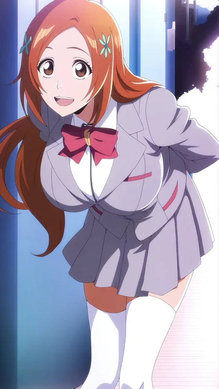 source_anime, masterpiece, best quality, amazing quality, anime screencap, high quality, 8k, absurdres, official style, <lora:Orihime_Inoue_TYBW_iL:1>, 0r1h1m3 1n0u3, orange hair, long hair, brown eyes, hairpin, schoolgirl outfit, breasts, large breasts, skirt, grey skirt, thighhighs, white thighhighs, school uniform, pleated skirt, blazer, bow, bowtie, arms behind back, open mouth, smile, looking at viewer, standing, leaning forward