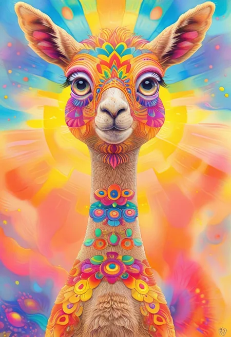 Radiant, big-eyed alpaca. at Sunset, abstract art by Anne Truitt, Synthetism, psychedelic colors, psychadelicchaos, psychadelic, sharp focus, highly intricate, full color, confident, intricate artistic color, handsome