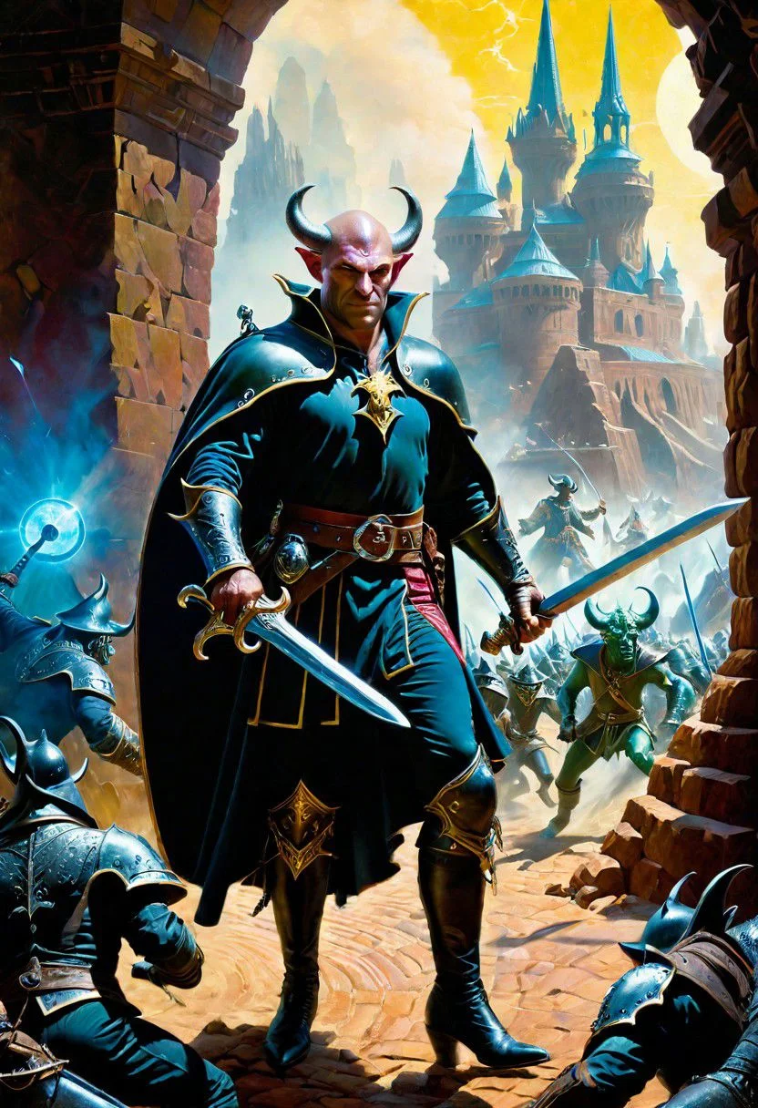 A hyperrealistic 8k photograph was captured by Sid Avery's Hasselblad camera, depicting close-up a handsome+ Tiefling shield bearer with pink+++ skin and slender build during a battle+++, surrounded by goblins++, He has a bald head, neon yellow eyes, calm++ and handsome+ and detailed face, cold smile++, mysterious and ominous aura of dark shadows enveloping the figure, Lovecraftian Horror-themed, in the artistic style of Boris Vallejo, Shadows casting an uncanny atmosphere, hints of eldritch dark energy crackling, He is dressed in a musketeer outfit, high details and era-appropriate, He is wielding a magically radiating+ Backsword+ in the right hand, and he is holding a steel shield+++ in the left hand, Backdrop (background) of a focused scene of a battle with goblins next to a crystal palace, Mysterious composition, imbued with a dark, ambient 3d warm studio backlight.