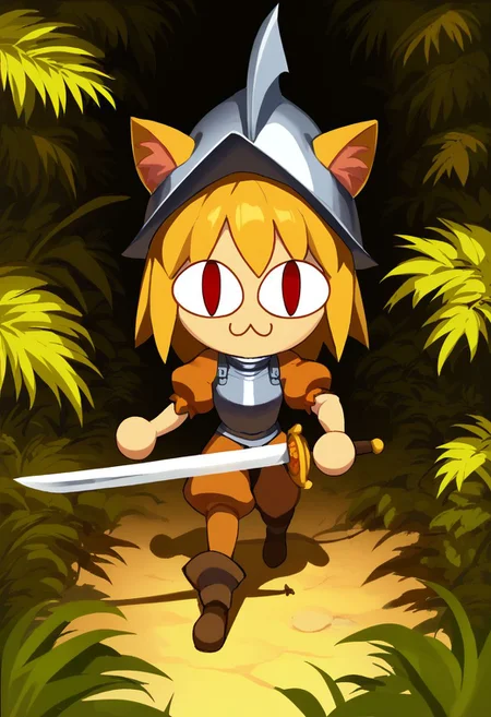 score_9,score_8_up,score_7_up,source_anime,<lora:conquistador_pony:1>,conquistador,puffy sleeves, breastplate, helmet,shoes,,1girl,necoarc,blonde hair, red eyes, slit pupils, cat ears, :3, chibi, standing, inside jungle, ((holding sword)), close-up, looking at viewer, scary eyes,(( incoming_attack)),pov, running towards viewer