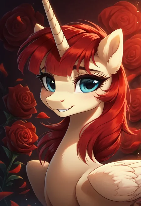 masterpiece, score_9, score_8_up, score_7_up, score_6_up, (best quality:1.1), ultra-detailed, high resolution, (solo), (1GIRLS), (LAUREN FAUST), (ALICORN), pony, feral, horn, portrait, (beautiful detailed blue eyes), (long straight red hair), (bangs), Long eyelashes, (shy smile), ((red floral background)), (red butterflies), (red roses all around her), high quality, sharp, the quality of ai art is frightening, highly detailed, Highly Visible, sharp focus, perfect lighting, anatomically correct, extremely detailed, shine on body, high detail, cute, Expressiveh, detailed background, OverallDetail, zPDXL2,