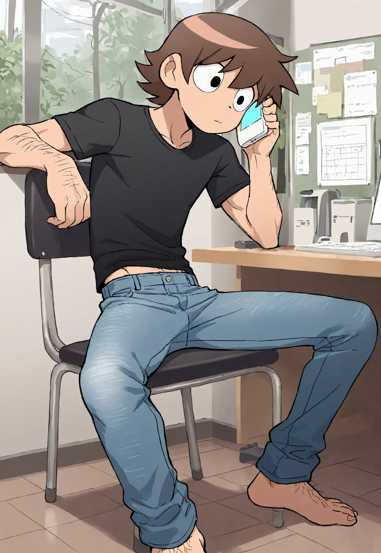 masterpiece, best quality, amazing quality, very aesthetic, absurdres, newest, detailed background, yNeil, 1boy, solo, brown hair, black eyes, dot nose, skinny, muscular, black shirt, jeans, barefoot, using phone, sitting on chair, figure four sitting, body hair, midriff peek