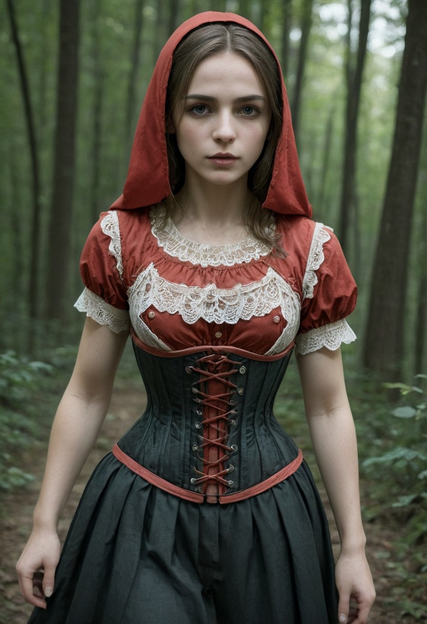 epiCRealism, (masterpiece:1.3), highes quality, High quality photo, Little Red Riding Hood weary in the woods, whita blouse rimmed with lace and underbust corset, dark, chiaroscuro, low-key, RAW photo, subsurface scattering, heavy shadow, (high quality:1.4), (intricate, high detail:1.2), professional photography, realistic, ultra realistic, photorealistic, high resolution, film photography, ambient lighting, atmospheric effects, highly detailed and hyper realistic photo of analog film photo of detailed sharp image