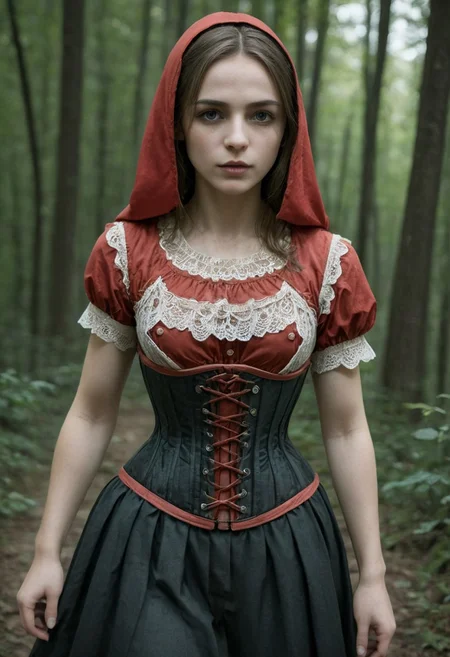 epiCRealism, (masterpiece:1.3), highes quality, High quality photo, Little Red Riding Hood weary in the woods, whita blouse rimmed with lace and underbust corset, dark, chiaroscuro, low-key, RAW photo, subsurface scattering, heavy shadow, (high quality:1.4), (intricate, high detail:1.2), professional photography, realistic, ultra realistic, photorealistic, high resolution, film photography, ambient lighting, atmospheric effects, highly detailed and hyper realistic photo of analog film photo of detailed sharp image