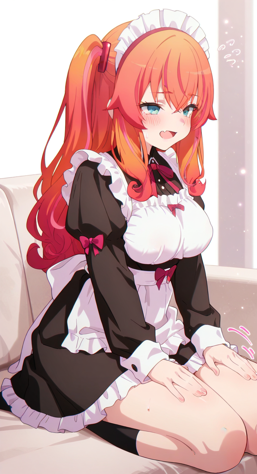 masterpiece, cute, lovely, newest, (best quality:1.3), very aesthetic, 1girl, solo, blush, (medium breasts:1.3), sagging_breasts, (trg_sain), high gradient eyes, high definition eyes, detailed eyes, eyesHD, ChopioM4kina, ong hair, orange hair, streaked hair, multicolored hair, gradient hair, two side up, sidelocks, red hair ornament, hair between eyes, crossed bangs, blue eyes, skin fang, BREAK, maid, teal eyes, full sleeves maid dress, oversized clothes, frilled dress, blush, scornful eyes, disgusted face, lap pillow invitation pose, line movements, patting thighs, looking at viewer, very cute, closeup, from side, masterpiece,best quality, light particles, cute details, cute colors, on a sofa, seiza, fantasy sofa, plain background