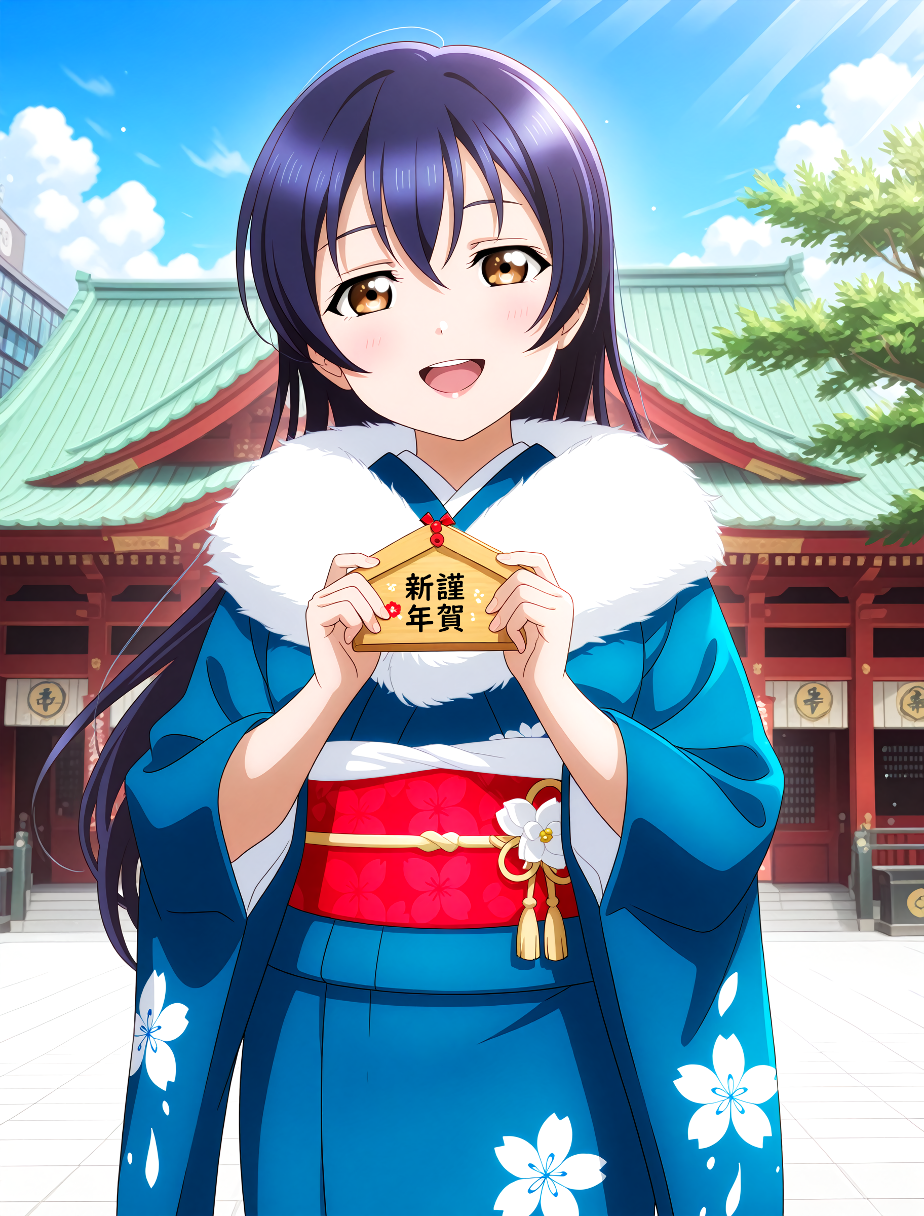 <lora:Koto-Umi-Riko-Shizu-Setsu-LLAS-IllustriousXLV01-V1:1> <lora:sdxl-boldline:-0.5> <lora:sdxl-flat:0.5>
<lora:Kandamyojin-IllustriousXLV01-V1:1>
llas, masterpiece, very aesthetic, absurdres, best quality, newest, perfect anatomy, perfect lighting, anime coloring BREAK
(sparkle, light particles:0.6), light rays, rim lighting, (depth of field, blurry background:1.2) BREAK
1girl, solo, looking at viewer, cowboy shot BREAK
sonoda umi, (holding ema) BREAK
big pupils, (detailed eyes:1.2), large breasts, lips, :d, upper teeth only BREAK
blue kimono, japanese clothes, furisode, (fur-trimmed kimono:1.2), (floral print:1.2), obi, wide sleeves BREAK
(kandamyojin, kanda jinja, tokyochiyoda shrine), building, tree, day, blue sky, cloud