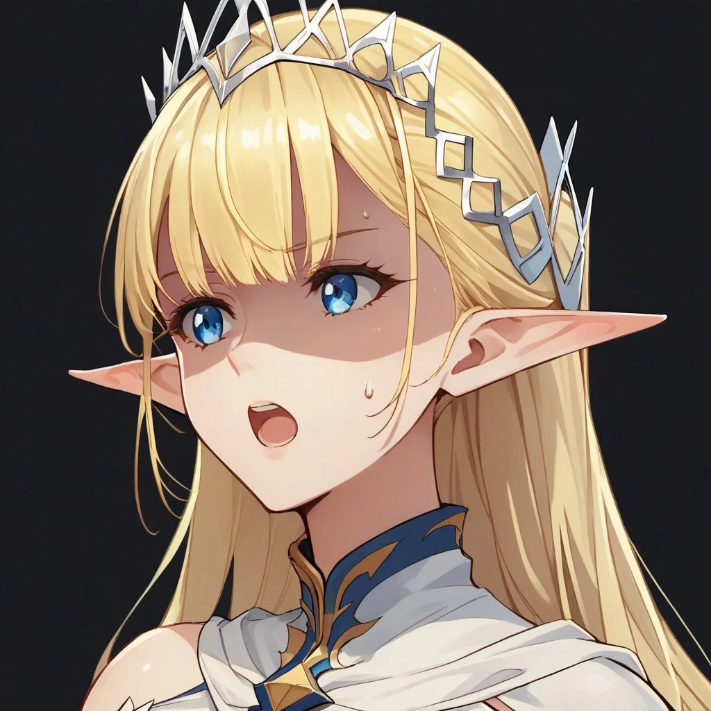 score_9,score_8_up,score_7_up ,seras_ashrain, 1girl, blonde hair, blue eyes, solo, pointy ears, elf, long hair, open mouth, white background, shaded face, bangs, breasts, simple background, tiara, sweatdrop