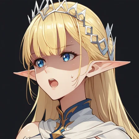 score_9,score_8_up,score_7_up ,seras_ashrain, 1girl, blonde hair, blue eyes, solo, pointy ears, elf, long hair, open mouth, white background, shaded face, bangs, breasts, simple background, tiara, sweatdrop