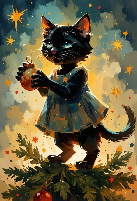 Vector art, Create an image in inkpunk style, vibrant illustration of A cute black kitten wearing a dress is standing on the Christmas tree, holding an ornament in its paws and playing with it. The background features colorful decorations., detail texture, detail skin, ultra resolution, ultra quality. . High dynamic range, vivid, rich details, clear shadows and highlights, realistic, intense, enhanced contrast, highly detailed, masterpiece, award winning,midjourneyv6.1 
Glowing, masterpiece, best quality, double exposure, realistic, whimsical, fantastic, splash art, intricate detailed, hyperdetailed, maximalist style, photorealistic, concept art, sharp focus, harmony, serenity, tranquility, mysterious glow, soft pastel colors, ambient occlusion, halation, cozy ambient lighting, dynamic lighting, masterpiece, liiv1, linquivera, metix, mentixis, masterpiece, award winning,, best quality, masterpiece