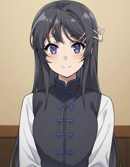 score_9, score_8_up, score_7_up, source_anime, maisakurajima, <lora:mai-sakurajima-s1-ponyxl-lora-nochekaiser:1> mai sakurajima, long hair, bangs, black hair, hair ornament, purple eyes, hairclip, rabbit hair ornament,, <lora:tangzhuang-ponyxl-lora-nochekaiser:1>, tangzhuang, chinese clothes,, indoors, smile, blush,, full body, dutch angle, looking at viewer,