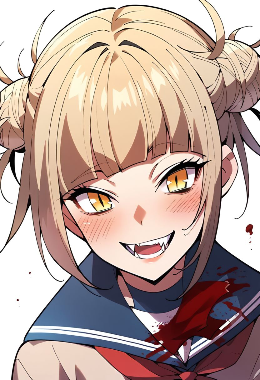 score_9,score_8_up,score_7_up,score_6_up, easynegative, Magnus_PS, 1girl, toga himiko, blonde hair, double bun, hair bun, yellow eyes, fangs, school uniform, open mouth, cardigan, messy hair, teeth, smile, looking at viewer, serafuku, blush, bangs, slit pupils, upper body, blue sailor collar, red neckerchief, long sleeves, short hair, simple background, medium breasts, blood, white background, epiCPhoto
