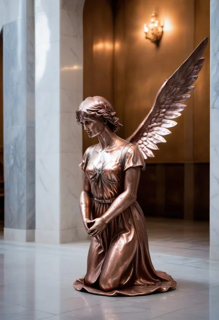 a copper statue portraying a kneeling and weeping angel, bleak, hopeless, depressing, enshrined in an alcove, marble church background
BREAK
CivChan
