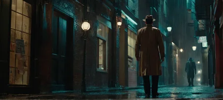 A film still A detective walking through a dimly lit alley, rain pouring down, searching for clues, cinematic