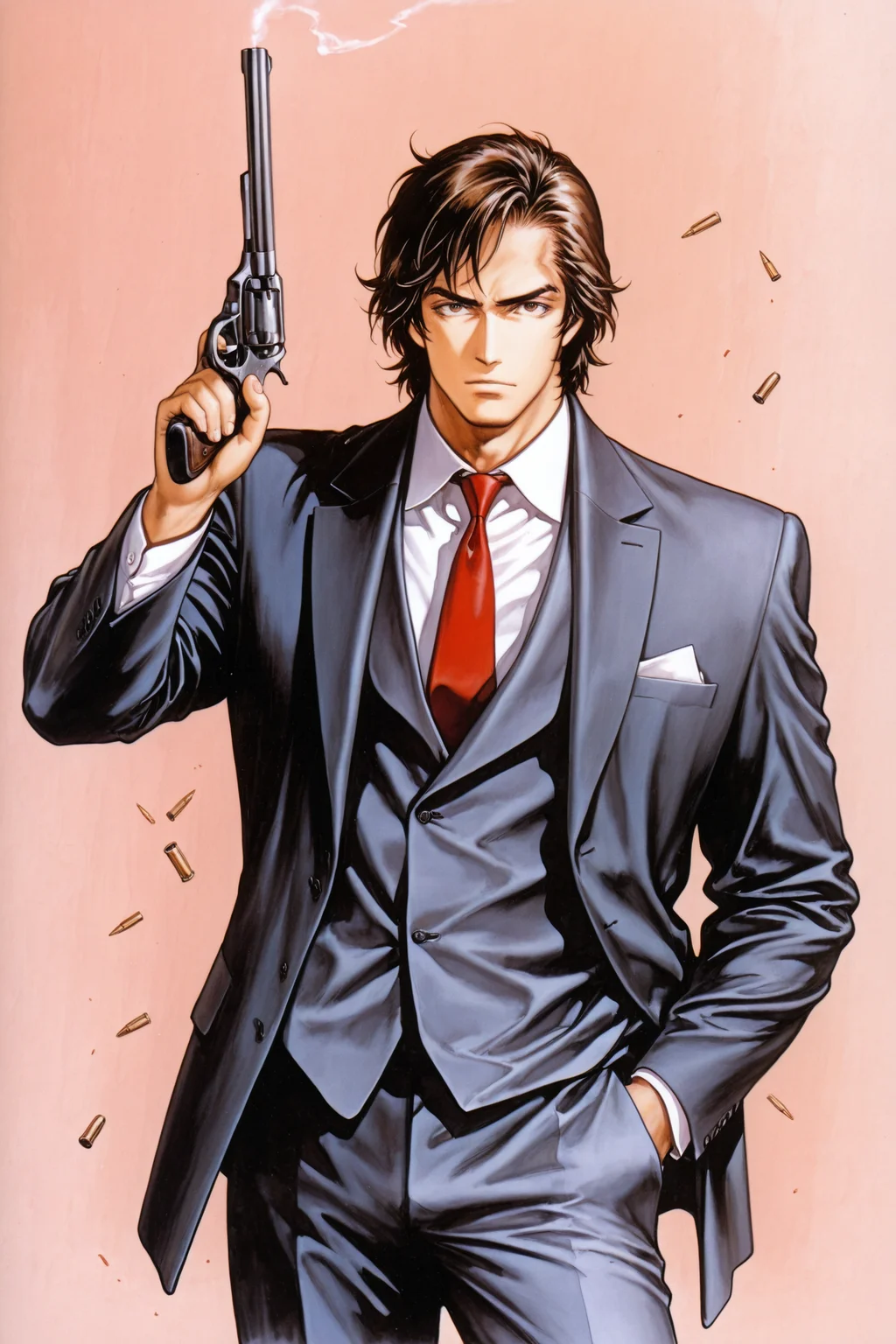 Saeba Ryo,1boy,weapon,male focus,gun,necktie,solo,brown hair,handgun,holding weapon,holding,revolver,brown eyes,jacket,suit,shell casing,holding gun,pants,formal,cigarette,red necktie,bullet,standing,looking at viewer,traditional media,hand in pocket,upper body,
<lora:Tsukasa Hojo_illustriousXL:0.5>,
<lora:Ayami Kojima_illustriousXL:1.5>,