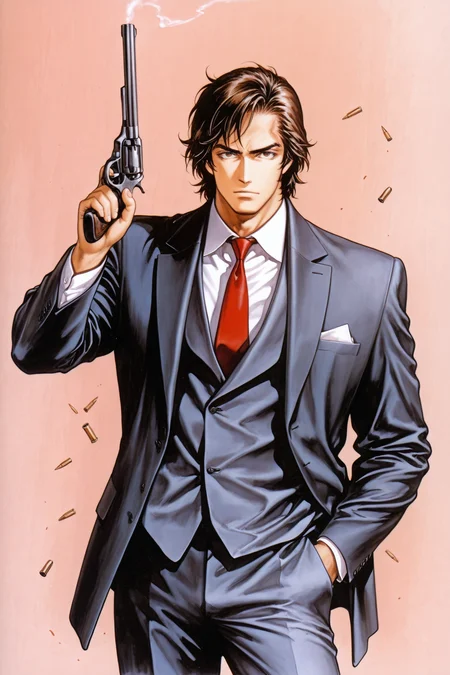 Saeba Ryo,1boy,weapon,male focus,gun,necktie,solo,brown hair,handgun,holding weapon,holding,revolver,brown eyes,jacket,suit,shell casing,holding gun,pants,formal,cigarette,red necktie,bullet,standing,looking at viewer,traditional media,hand in pocket,upper body,
<lora:Tsukasa Hojo_illustriousXL:0.5>,
<lora:Ayami Kojima_illustriousXL:1.5>,