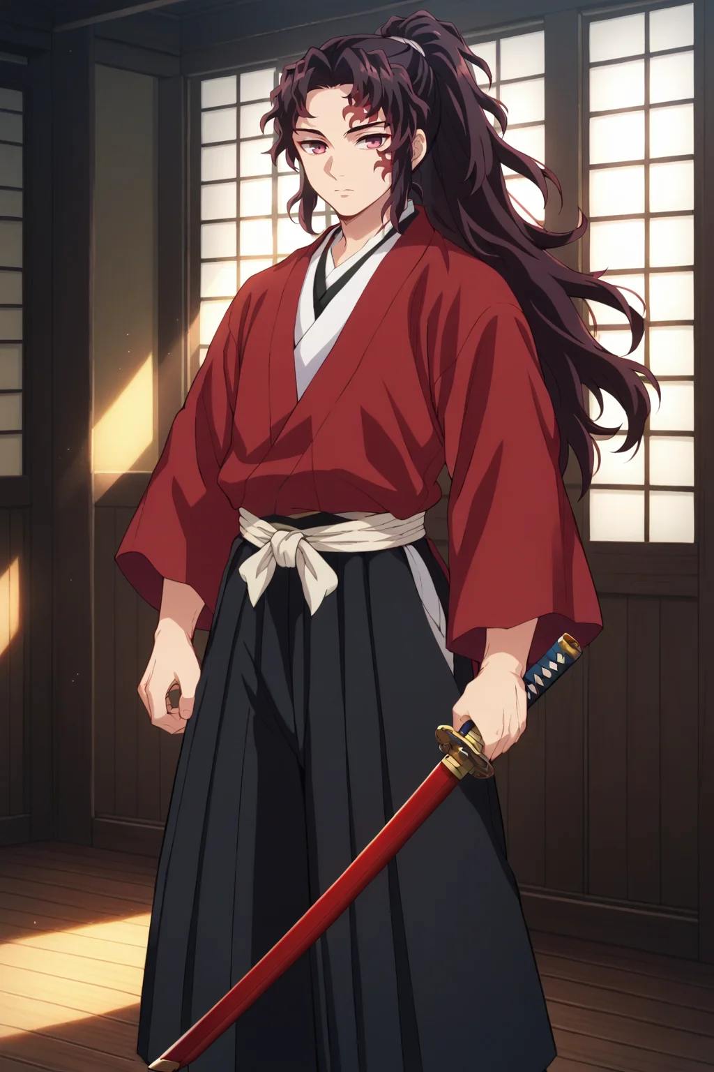 score_9, score_8_up, score_7_up, source_anime, prefect lighting, very aesthetic, intricate details, highly detailed background, masterpiece, high quality, prefect hands, best quality, solo,
<lora:Yoriichi_Tsugikuni_Demon_Slayer_V1:.85>, KJOyoriichi, dark hair, dark red hair, scar on face, ponytail, dark pink eyes, long hair, ponytail,
<lora:katana-2:.5>, holding katana, red katana, holding in one hand,
hakama, white socks,
standing, expressionless, looking at viewer, dutch angle, cowboy shot,
room, wooden wall, wooden floor, window, sunlight,
1boy,