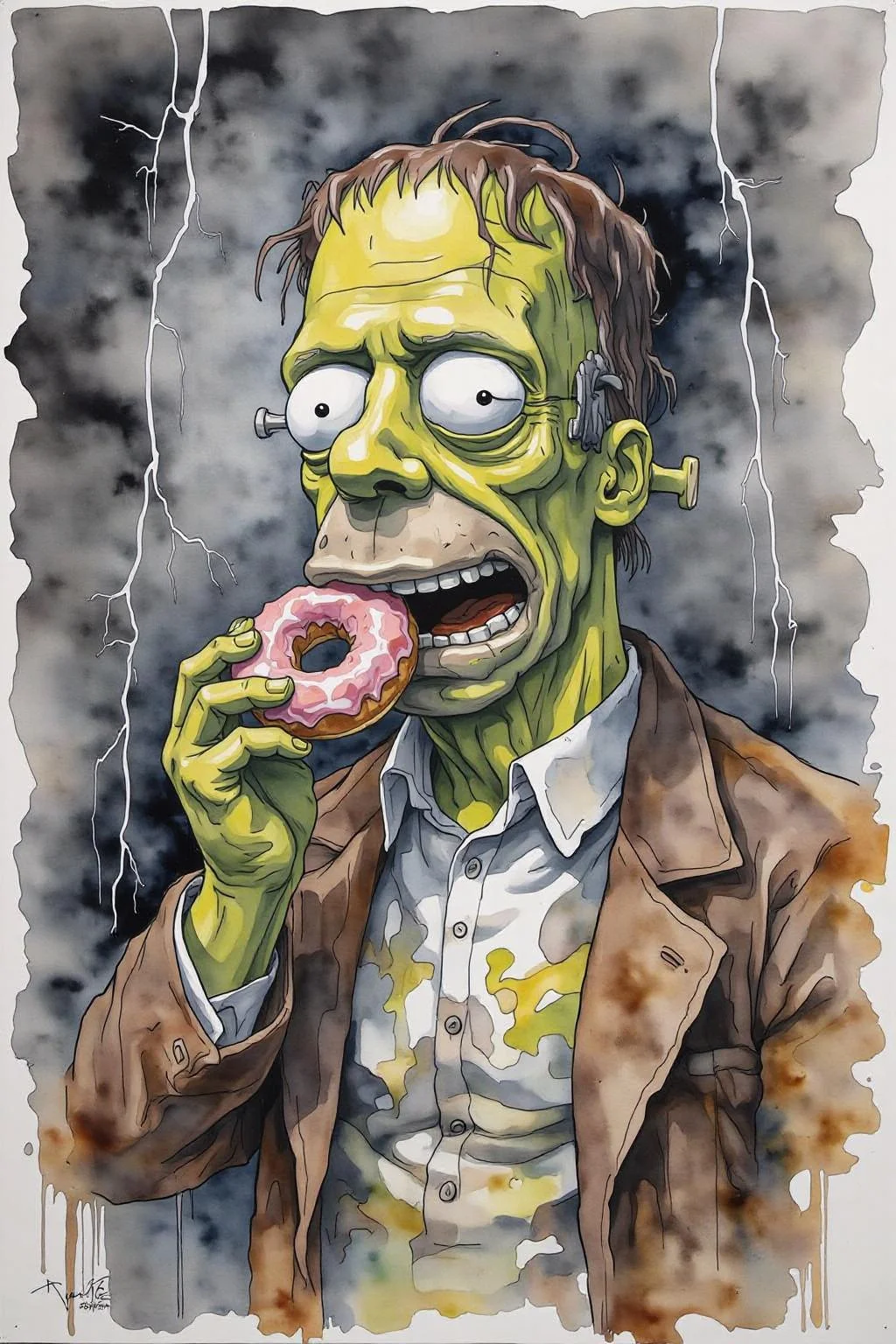 yawc1 watercolor. Homer Simpson dressed as Frankenstein, eating a doughnut during a thunderstorm <lora:yawcolor_nocap1_d4a2:1.0> <lora:Flux-Sch-SingleBlocks-BF16:1.0><lora:799516632109127896:0>