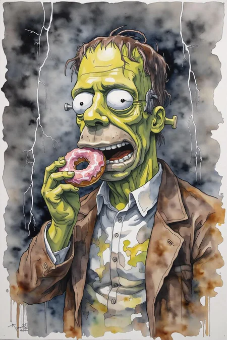 yawc1 watercolor. Homer Simpson dressed as Frankenstein, eating a doughnut during a thunderstorm <lora:yawcolor_nocap1_d4a2:1.0> <lora:Flux-Sch-SingleBlocks-BF16:1.0><lora:799516632109127896:0>