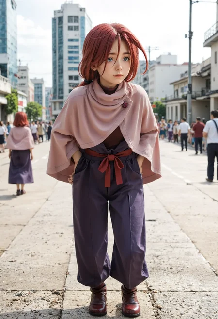 <lora:Hyper-SDXL-8steps-lora:1> <lora:Fixhands_anime_bdsqlsz_V1:1> zPDXL2, score_9, score_8_up, score_7_up, source_anime, intricate details, perfect anatomy BREAK
outdoors, city, tokyo, japan, audience, crowd, standing, hands on own hips, leaning forward, Skeptical, Raised eyebrows and a slightly pursed mouth., 1girl, solo, solo focus, 
<lora:GAGE-lu_anon_XL(pony)v10:1> GAGE-lu, red hair, medium hair, low ponytail, grey eyes, GAGE-lu outfit, pink capelet, brown shirt, purple pants, brown shoes,