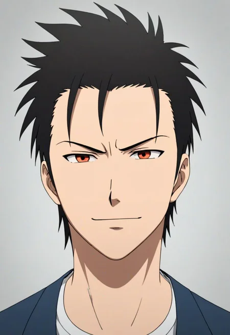 Highres, Masterpiece, High Quality, 4K, 8K, solo, 1Boy, Soujirou Agata, borown eyes, black hair, Shirt, passport_photo_style, looking at viewer, angry, smile, focused gaze forward, plain background, straight body, head upright, easynegative, detailed_eye_model