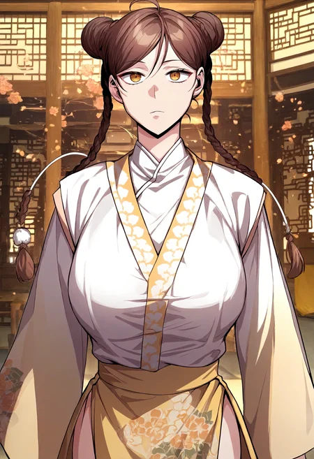score_9, score_8_up, score_7_up, score_6_up, source_anime, rating_explicit, 1girl, (solo:1.1), huge breasts, <lora:Peng Mu-ah prefectPonyxl:1> brown hair, double bun, twin braids, brown eyes, long hair, ahoge, yellow eyes, chinese clothes, floral print, white shirt, wide sleeves, long sleeves, yellow skirt, expressionless, east asian architecture, outndoors, looking at viewer, standing, close-up