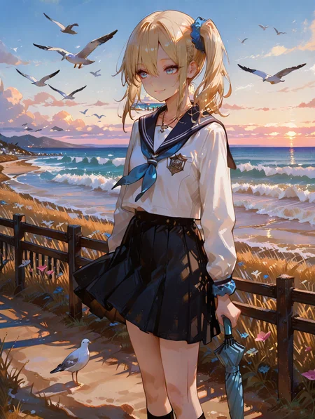 perfect quality,high quality,masterpiece,best quality,amazing quality,very aesthetic,absurdres,Cinematic Lighting,newest,Tactical use of shadow,
1girl,solo,blonde hair,long hair,side ponytail,blue scrunchie,scrunchie,hair scrunchie,hair between eyes,bangs,sidelocks,blue eyes,necklace,HayasakaAiCYQL,,
umbrella,outdoors,bird,cloud,skirt,schooluniform,sky,serafuku,ocean,scenery,horizon,holdingumbrella,holding,blackskirt,beach,socks,sailorcollar,whiteshirt,grass,bluesky,blacksocks,pleatedskirt,lookingback,day,shirt,kneehighs,blacksailorcollar,lookingatviewer,standing,water,frombehind,longsleeves,cloudysky,shadow,shore,animal,seagull,closedmouth,wideshot,parasol,flower,sand,redumbrella,flock,landscape,wind,road,neckerchief,smile,hill,feetoutofframe,field,sunset,fence,waves,path,
<lora:ponyv4_noob1_2_adamW:0.7>,<lora:spo_sdxl_10ep_4k-data_lora_webui:0.6>,<lora:USNR STYLE_XL_loha:0.45>,<lora:748cmSDXL:1>,usnr,748cmstyle,<lora:lora.by_tusi:1>,