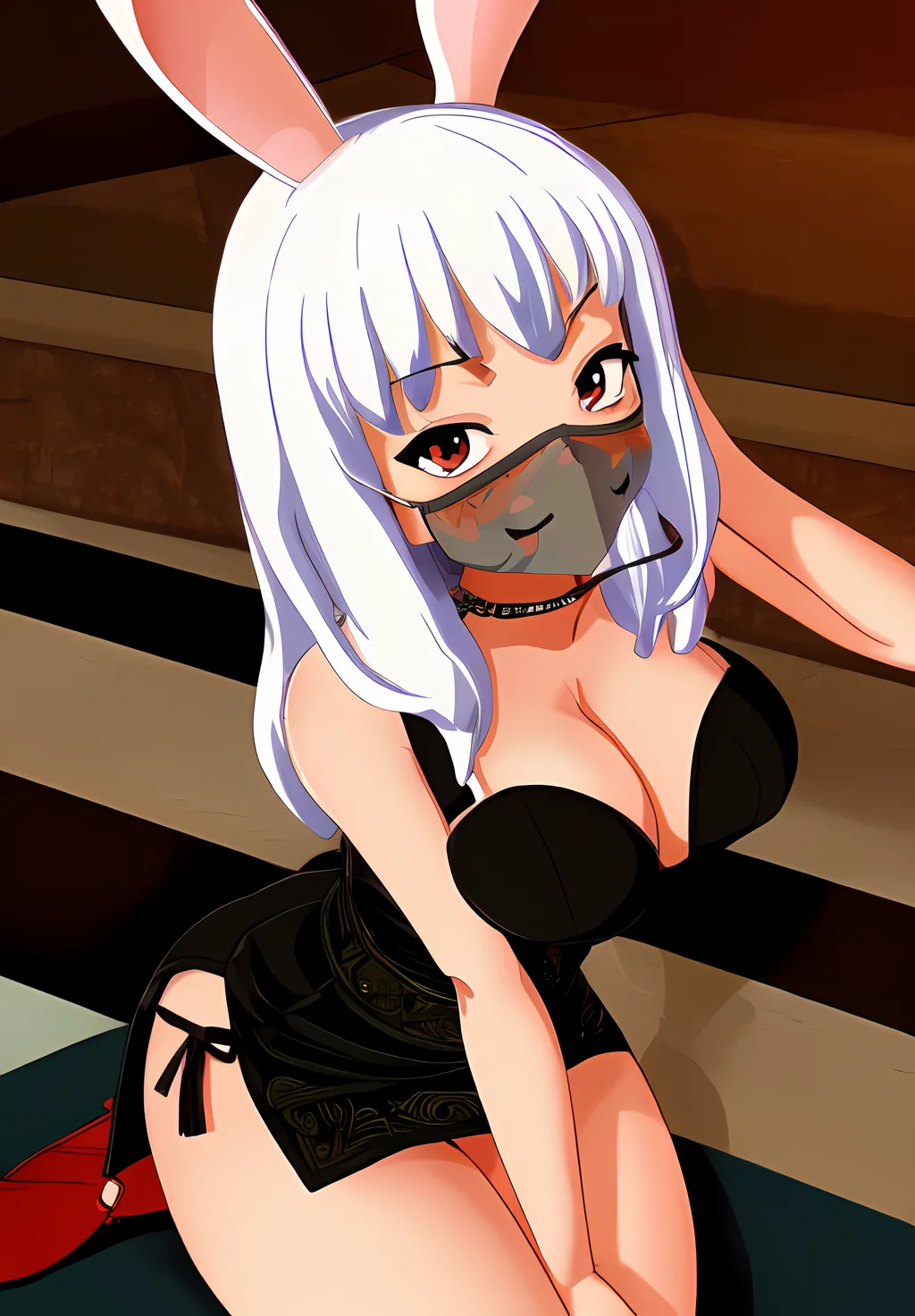 <lora:luna:0.8>, luna, 1girl, solo, smirk, rabbit ears, mouth veil, black dress, (seductive, alluring, charming:1.3), (highly detailed, high quality:1.3)