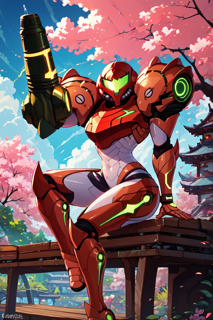 score_9, score_8_up, score_8, medium breasts, (curvy),   ,,, , ,,, zzSamus, varia suit, arm cannon, shoulder armor, pauldrons, armor, neon trim,  visor (armor), full armor,  <lora:SamusVariaSuit_PDXL:1.0>,     dynamic pose, side view, lightning,  ,,,, BREAK, sitting on bench, side view, smile, looking at viewer, cowboy shot,  ,,, BREAK, pnkBldng, sky, day, cloud, tree, blue sky, building, architecture, east asian architecture,  ,,, BREAK, embedding:zPDXL, Expressiveh,  ,,, <lora:PinkBuildingsPDXL_v2:0.6>, <lora:SDXLFaeTastic2400:0.5>, <lora:Expressive_H-000001:0.4>