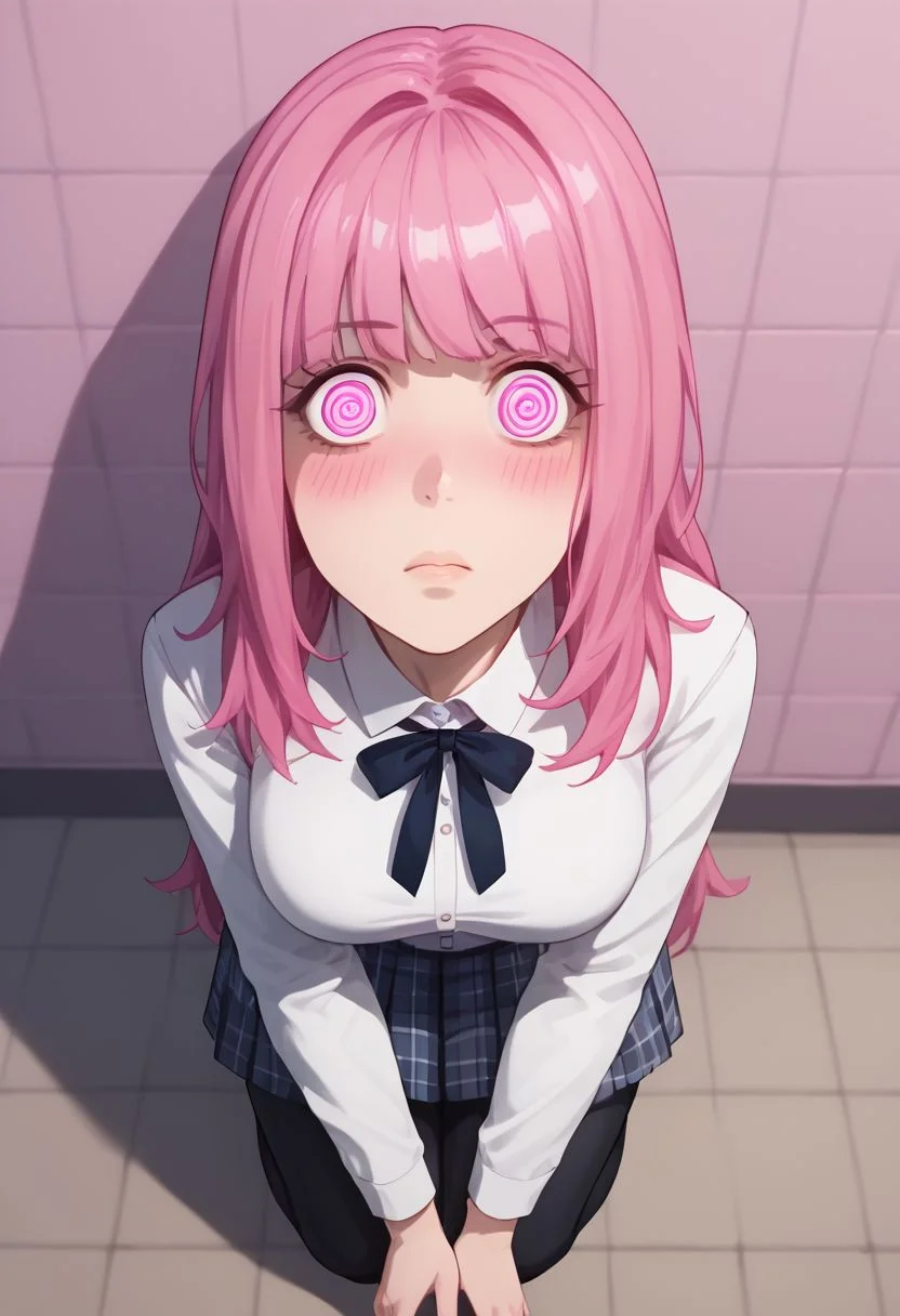 score_9,score_8_up,score_7_up, 1girl, on knees, sexy, girl looking up, blushing ,worried ,pov view , wide angle, uniform, white shirt, plaid skirt, full body, pink spiral eyes, hypnotised, finger inside mouth, closed mouth, hypnotised, phycadelic background