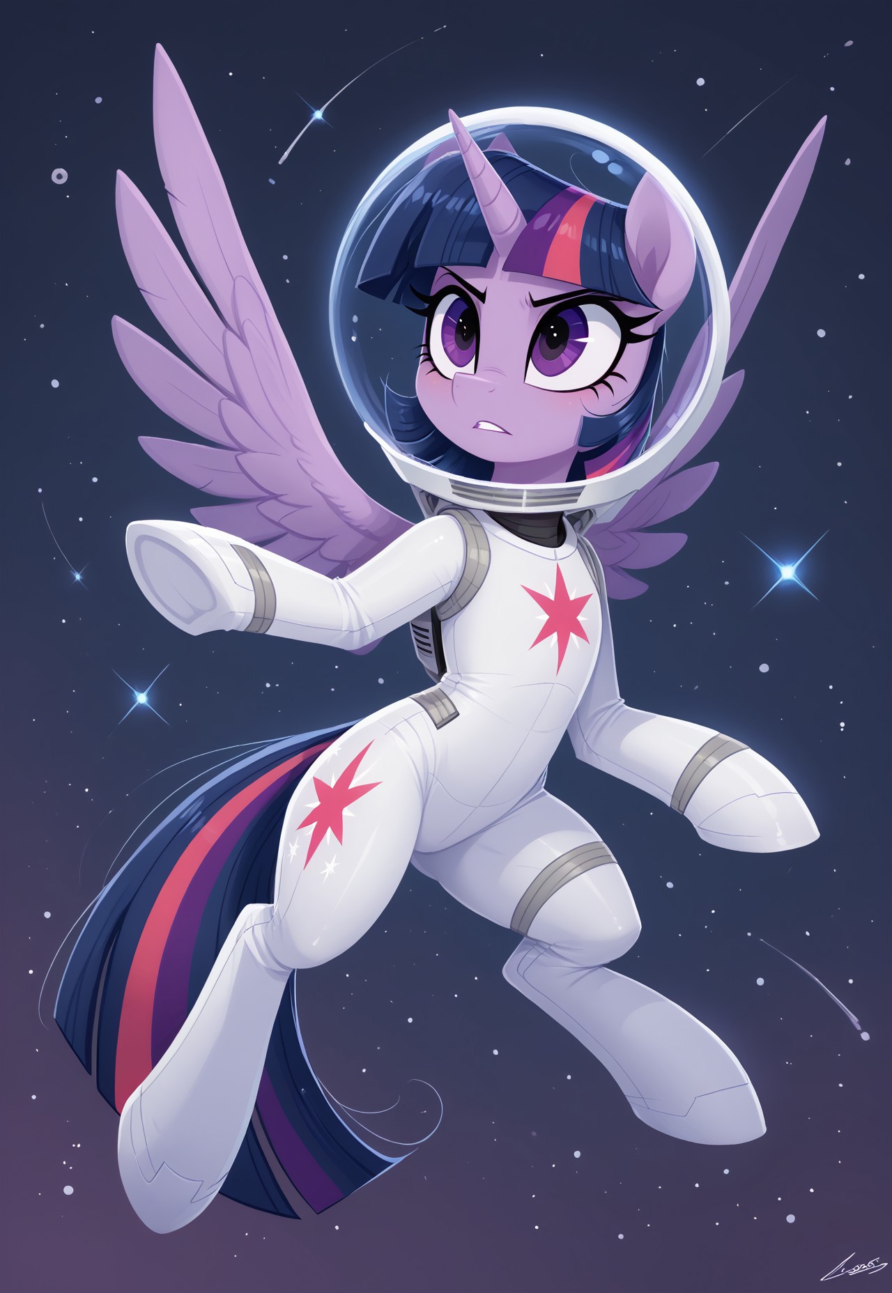 score_9, score_8_up, score_7_up, solo. pony, mare, imp4ct_style, Purple Skin, Purple Eyes, Twilight Sparkle_(mlp), flullbody, in_space, hovering_mid_air, starts, wearing_spacesuit, all_body_focus, fullbody, fullsuit, space_on_background, 