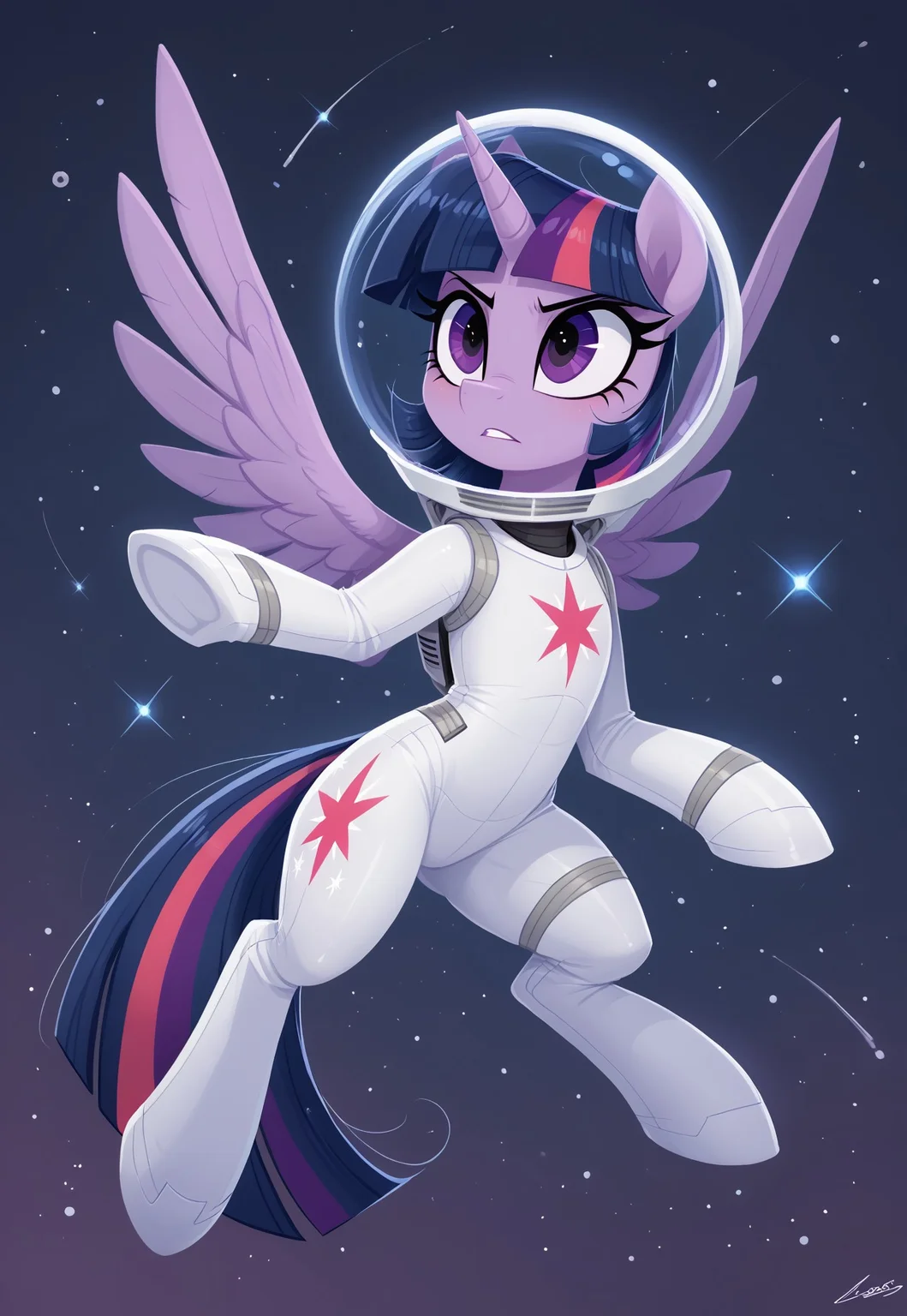 score_9, score_8_up, score_7_up, solo. pony, mare, imp4ct_style, Purple Skin, Purple Eyes, Twilight Sparkle_(mlp), flullbody, in_space, hovering_mid_air, starts, wearing_spacesuit, all_body_focus, fullbody, fullsuit, space_on_background,