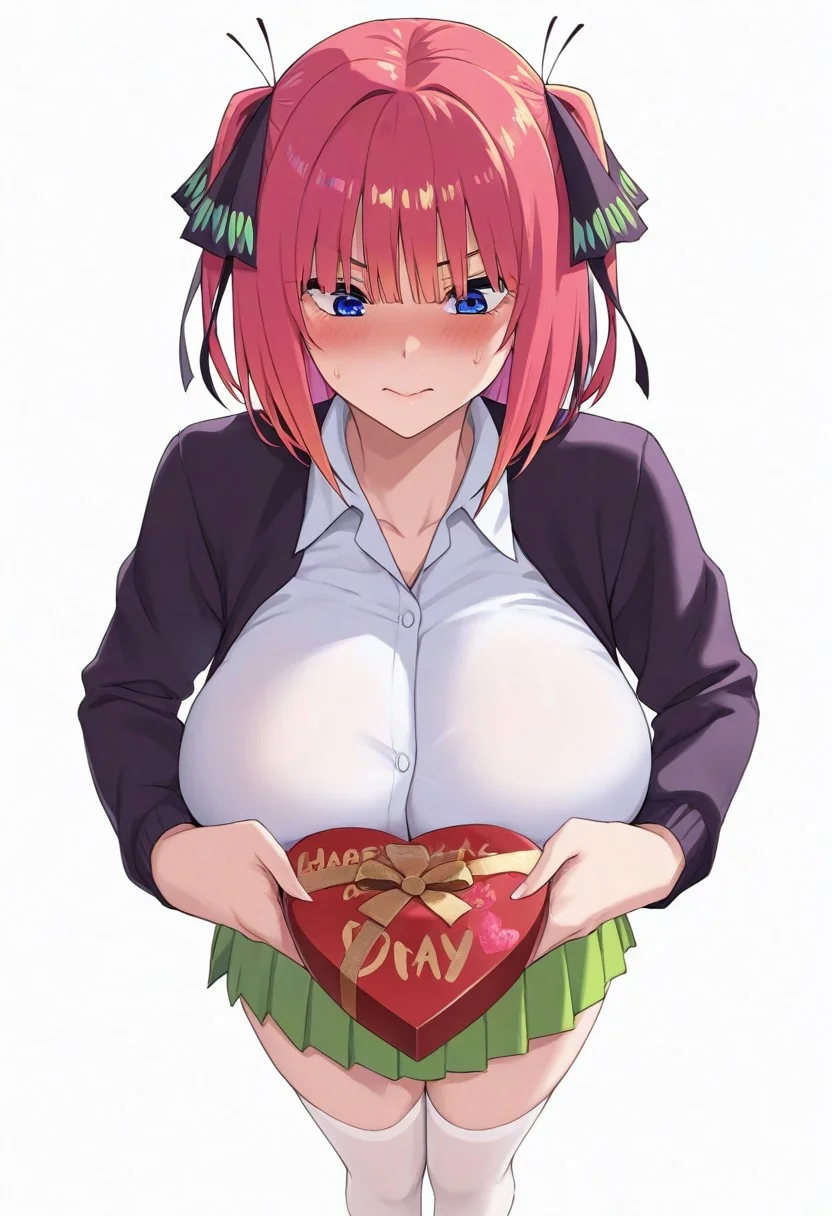 1girl,nakano nino,huge breasts,school uniform,white thighhighs,valentine's day chocolate,handed out,white background,standing,