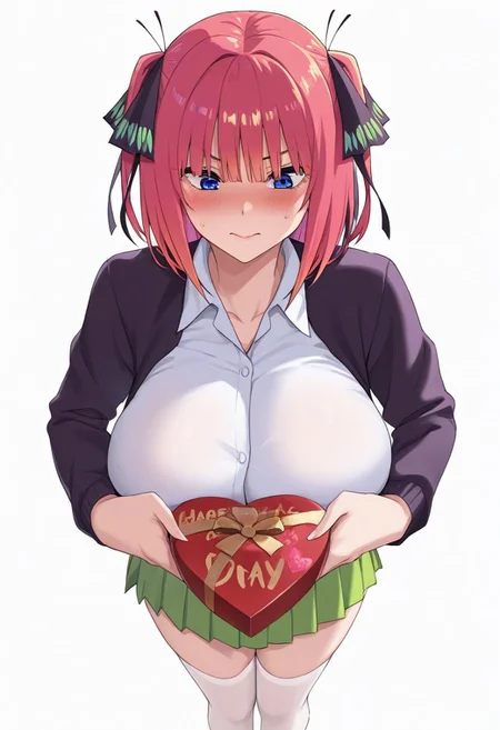 1girl,nakano nino,huge breasts,school uniform,white thighhighs,valentine's day chocolate,handed out,white background,standing,