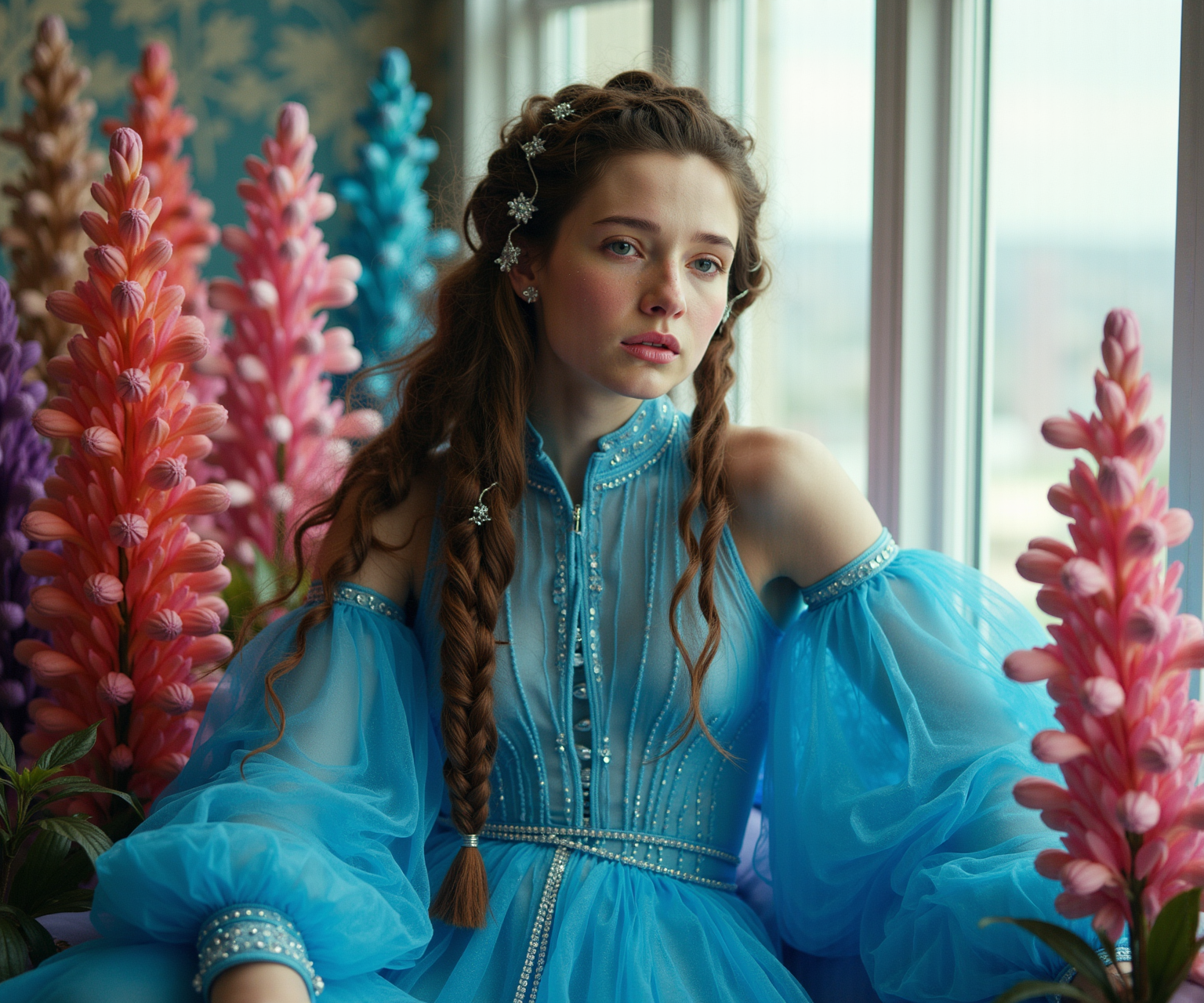 Create a high-fashion editorial photograph featuring a young woman with long, flowing hair, deep brown highlights, and a delicate expression, sitting by a large window. She wears an avant-garde version of a flowing blue dress with sculptural, futuristic elements, luxurious metallic fabric that catches the light, and bold, artistic makeup highlighting her features, including shimmering accents on her cheekbones. Transform her into a high-fashion model with intricate, braided hairstyles intertwined with delicate, metallic accessories that resemble nature. Set the scene in a surreal landscape, with towering, ethereal floral installations in saturated colors behind her, contrasting with her serene demeanor. Utilize high-contrast lighting to create dramatic shadow play, capturing an ethereal mood perfect for a fashion editorial. Position her in a dynamic pose that showcases the flowing lines of her dress, using negative space to frame her figure against the floral backdrop. Inspiration from renowned fashion photographer Tim Walker, integrating his signature whimsical, dreamlike qualities, with colorful props that narrate a fashion-forward story. Shoot with a Hasselblad H6D-100c camera using an 80mm f/2.8 lens, ensuring exceptional detail in her features and the textures of the accessories. Post-process with high contrast and hyper-saturated colors, emphasizing the vibrant hues of the scene. The editorial theme is "Ethereal Blossoms," fitting into a larger narrative exploring the intersection of nature and fashion, highlighting innovative design in an enchanting, fantastical context.