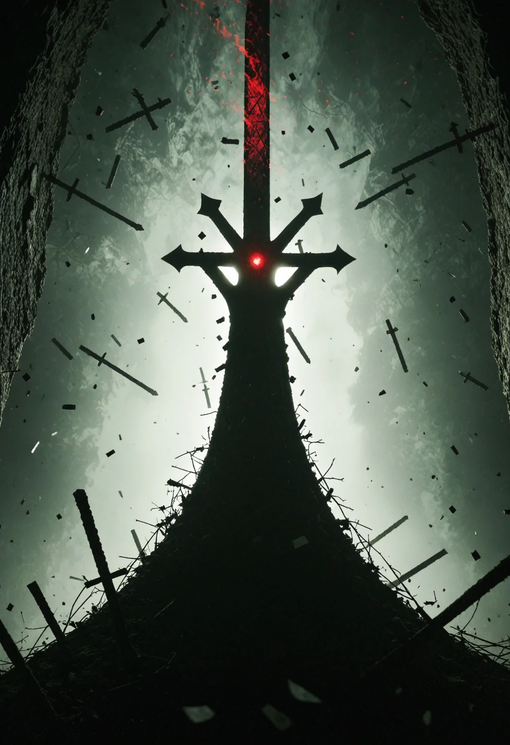 illustration depicting 1girl mcgee's alice madness returns in a surreal environment with gothic cathedral ruins and shards of stained glass made of lines floating through the air. She is wielding a glowing greatsword, swinging it at hordes of creatures crawling in the dark. Dark environment teeming with monsters, creatures and demonic beings. The blade's glow is the main light source. The grimdark scenery is accentuated by an eerie red-pink light shining from above contrasting against the teal-cyan from below forming a gradient. Chequered textures and geometric patterns are intertwined with the biomorphic and organic surfaces.