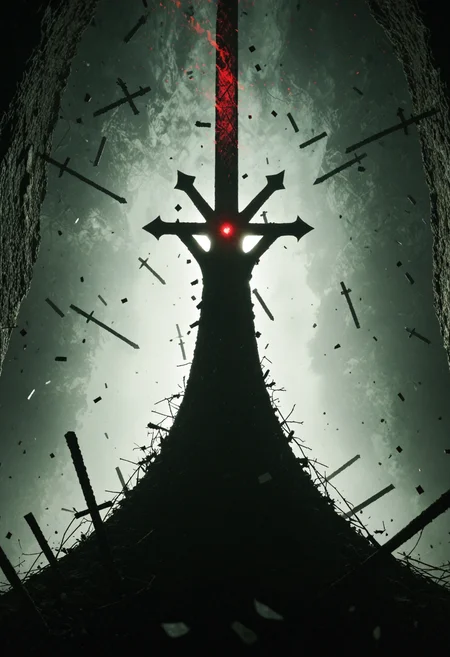 illustration depicting 1girl mcgee's alice madness returns in a surreal environment with gothic cathedral ruins and shards of stained glass made of lines floating through the air. She is wielding a glowing greatsword, swinging it at hordes of creatures crawling in the dark. Dark environment teeming with monsters, creatures and demonic beings. The blade's glow is the main light source. The grimdark scenery is accentuated by an eerie red-pink light shining from above contrasting against the teal-cyan from below forming a gradient. Chequered textures and geometric patterns are intertwined with the biomorphic and organic surfaces.