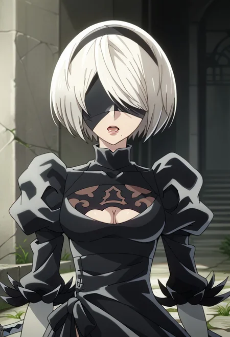 score_9,score_8_up,score_7_up,source_anime, YORHA_NO.2_TYPE_B,1girl,solo,breasts,open mouth,short hair,long sleeves,gloves,dress,holding,medium breasts,upper body,white hair,weapon,hairband,black gloves,puffy sleeves,sword,holding weapon,mole,black dress,clothing cutout,holding sword,cleavage cutout,parody,black hairband,katana,juliet sleeves,facing viewer,mole under mouth,blindfold,covered eyes,black blindfold,