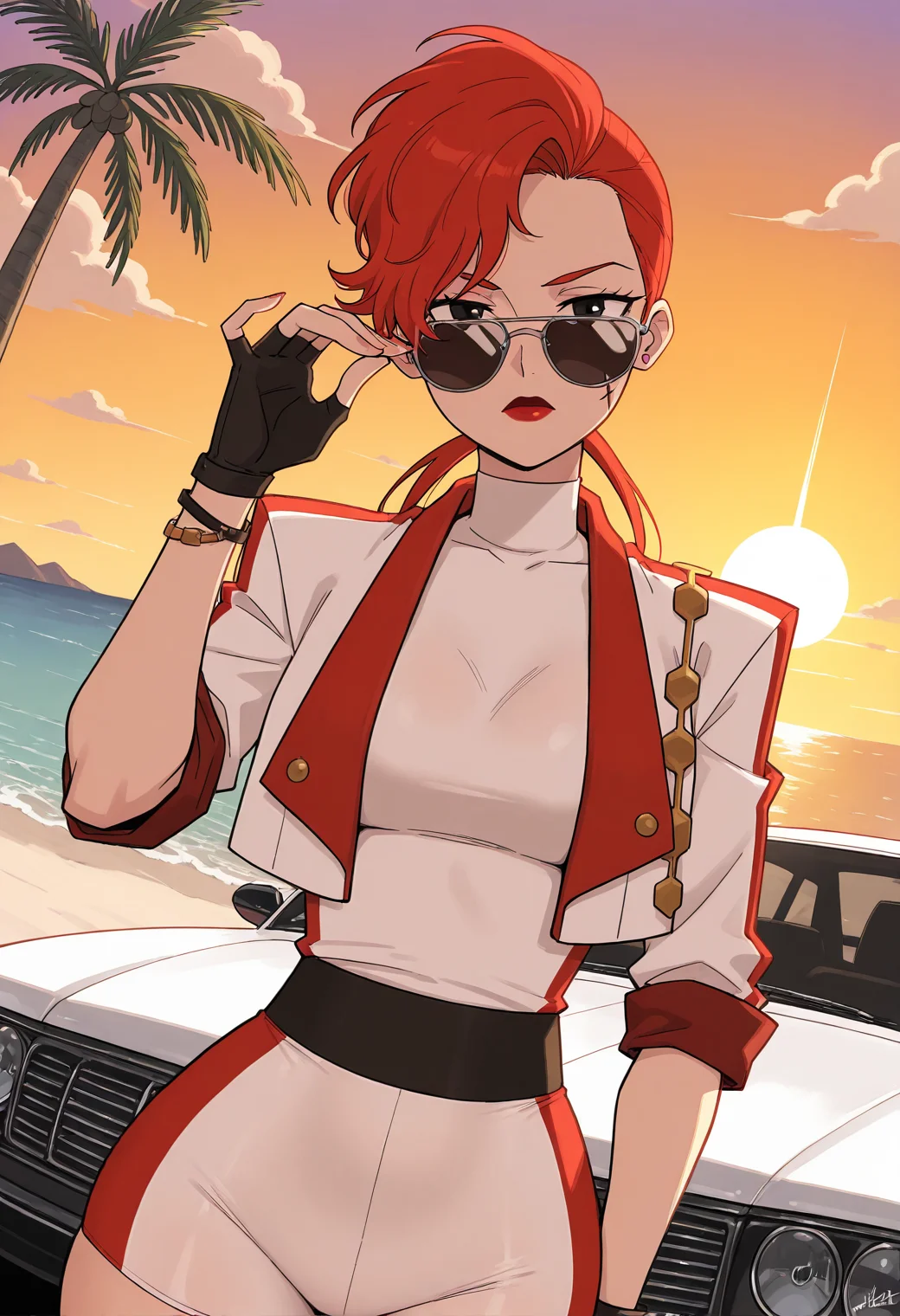 masterpiece, best quality, amazing quality, very aesthetic, absurdres, newest, 1girl, solo, no2mtcy, red hair, pulling down sunglasses, posed with hand on glasses, black eyes, lipstick, jacket, jewelry, facial scar, white bike shorts, bracelet, fingerless gloves, upper body, looking at viewer, beach, palm trees, sunset, car, dutch angle <lora:No2mtcyIllu:0.7>, <lora:pulling_sunglasses_down_XL:1>