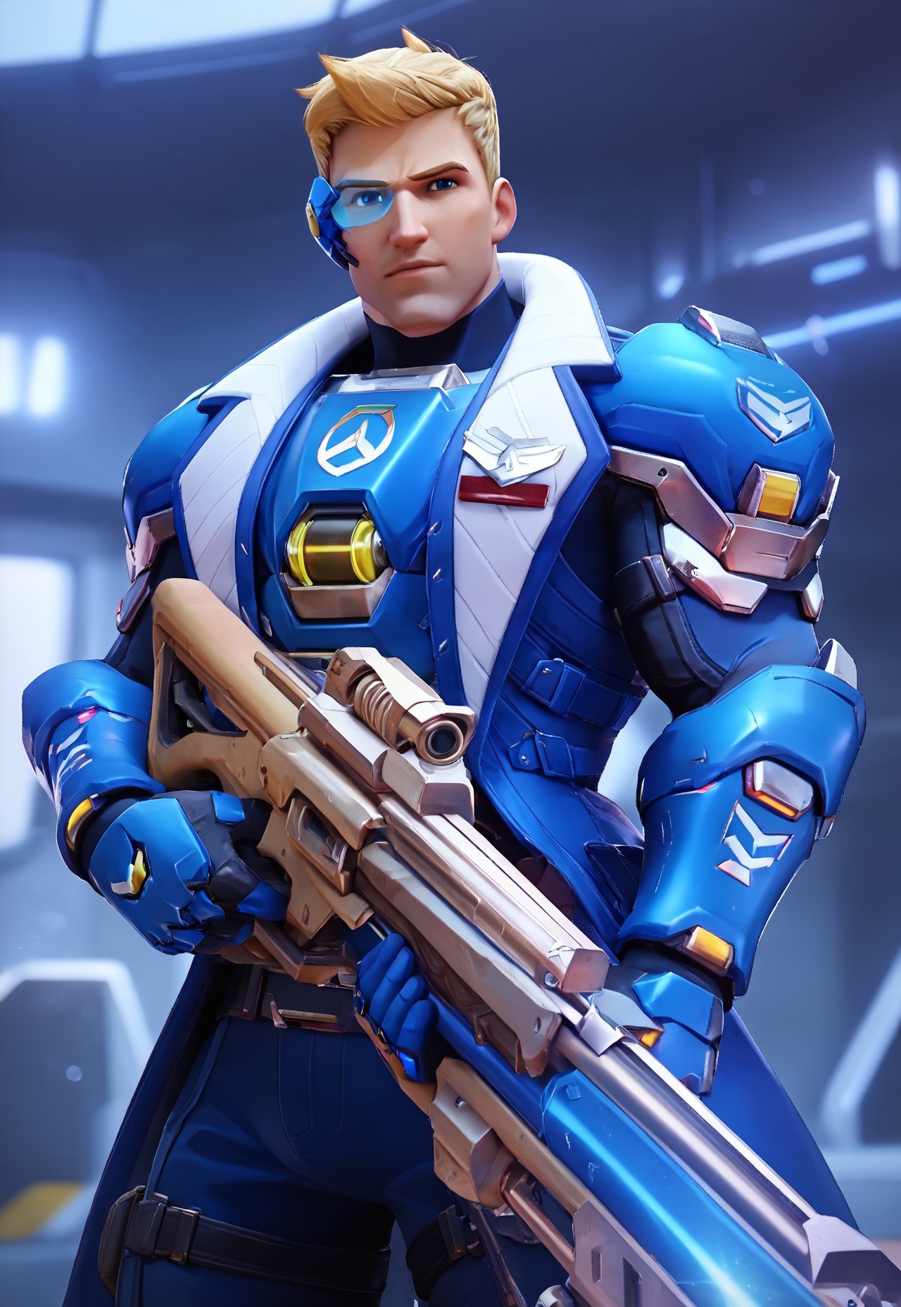 safe_pos, score_9, score_8_up, score_7_up, masterpiece, best quality, ultra-detailed, very aesthetic, realistic, 1male, mature male, muscular, bara, defined face, masculine face, face, soldier 76 \(overwatch\), jack, short hair, blonde hair, sideburn, blue eyes, large pectorals, armor, gauntlet, blue gloves, pant, scouter, assault rifle, holding rifle, hold weapon, futuristic water, depth of field, looking at viewer