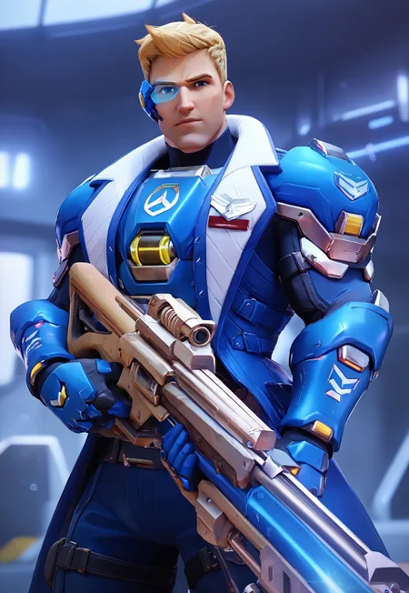 safe_pos, score_9, score_8_up, score_7_up, masterpiece, best quality, ultra-detailed, very aesthetic, realistic, 1male, mature male, muscular, bara, defined face, masculine face, face, soldier 76 \(overwatch\), jack, short hair, blonde hair, sideburn, blue eyes, large pectorals, armor, gauntlet, blue gloves, pant, scouter, assault rifle, holding rifle, hold weapon, futuristic water, depth of field, looking at viewer