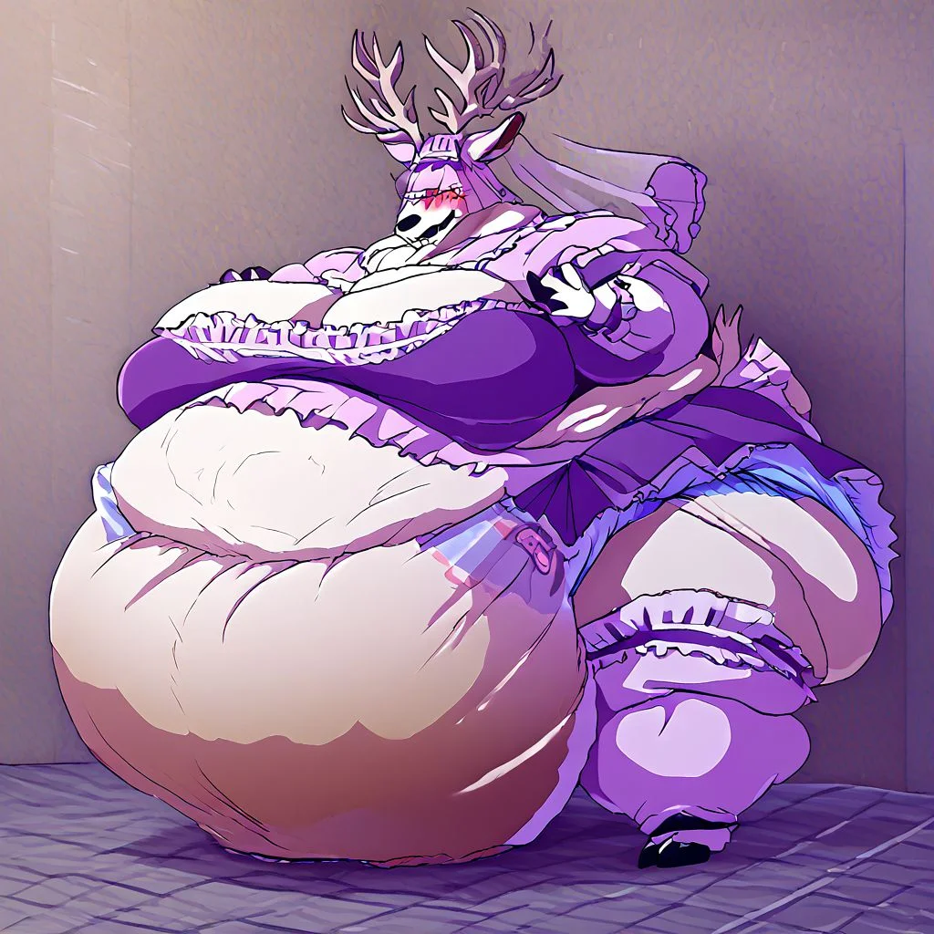 bbvicamelia, antlers, big antlers, veil, frilly veil, immobile, fat, chubby, plump, obese, large breasts, big butt, fat cheeks, wearing dr3ss, satin maid outfit, short poofy voluminous skirt, frills, apron, thighhighs, takeda hiromitsu style, diaper, big diaper, purple diaper, huge diaper, massive diaper, blue diaper, pink diaper, blush, waddle