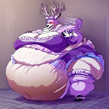 bbvicamelia, antlers, big antlers, veil, frilly veil, immobile, fat, chubby, plump, obese, large breasts, big butt, fat cheeks, wearing dr3ss, satin maid outfit, short poofy voluminous skirt, frills, apron, thighhighs, takeda hiromitsu style, diaper, big diaper, purple diaper, huge diaper, massive diaper, blue diaper, pink diaper, blush, waddle
